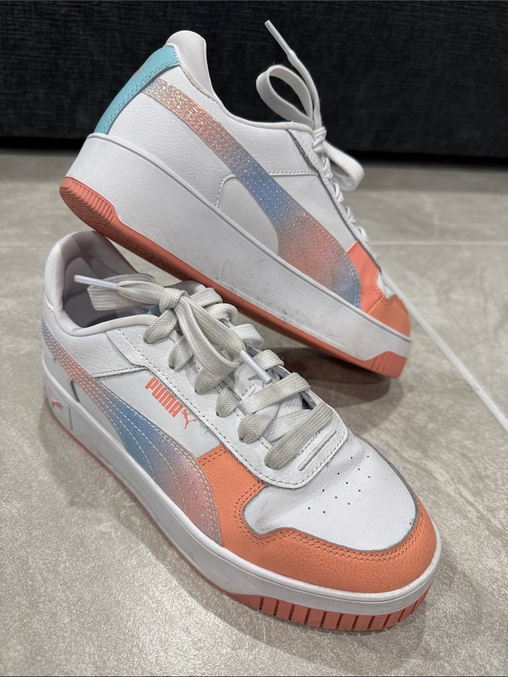 Puma White Sneakers with Coral and Light Blue Accents size 5.5